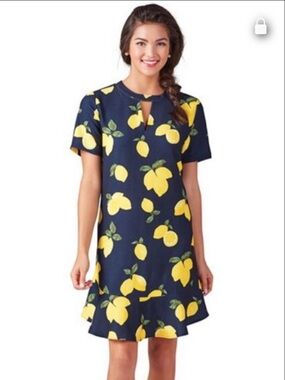 Mud Pie Lana Flounce Short Sleeve Shift Dress Navy Yellow Lemon Print Sz Medium
